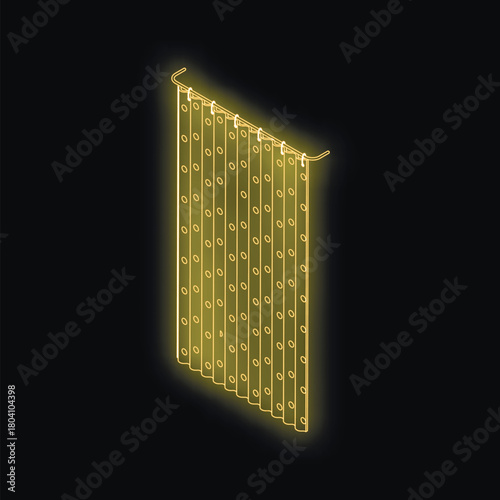 Gold shower curtain with circle pattern hanging on curved rod, illuminated by neon light against black background