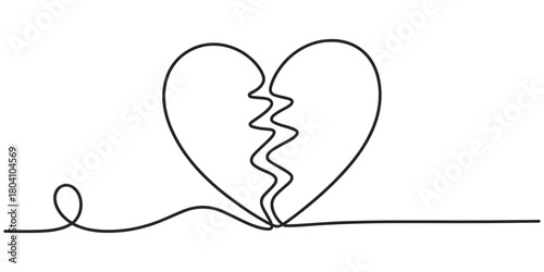 Broken heart one continuous line drawing. symbol of unrequited love, separation, divorce, grief, and emotional pain.