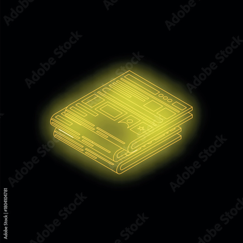 Isometric view of glowing neon newspapers stacked on a black background, representing news or current events