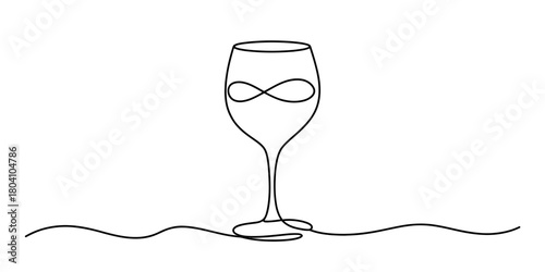 Continuous line art drawing of a minimalist wine glass containing an infinity symbol, representing endless celebration and modern elegance