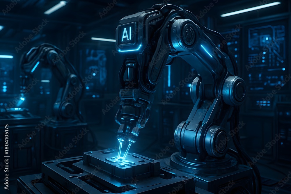 Fototapeta premium Robotic arm with ai inscription precisely assembling a microchip in a futuristic factory