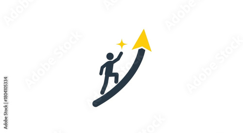 This image is a single, bold icon representing ambition, progress, and achieving goals. It depicts a simplified human figure ascending a curved, upward-sweeping arrow, reaching for a shining star. 
