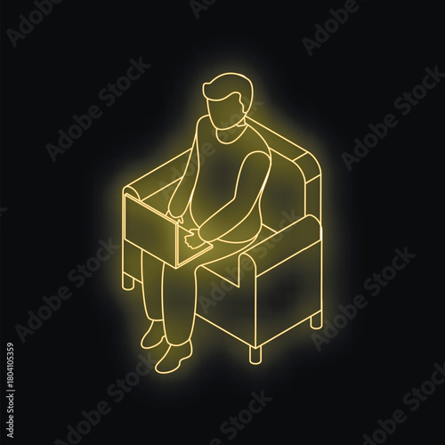 Neon isometric illustration of a freelancer working from home, sitting comfortably in an armchair while using his laptop