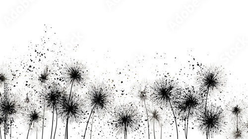 Black dandelion flowers with seeds isolated on, ink painting