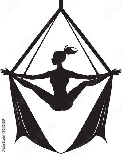 Aerial yoga pose, black silhouette of a woman suspended in a silk hammock