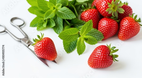 Flat lay composition with fresh strawberries and mint leaves, a scissor for preparation. Ideal for healthy recipe blogs, culinary designs, and organic food promotions.