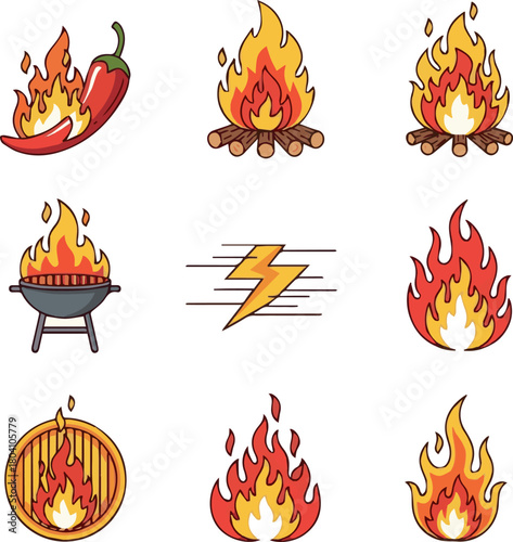 Create kinds of Different fireball grill vector flames icon blazing chili hot background illustration clip cartoon burn fire emblem style set simple campfire design motion energy light graphic yellow 