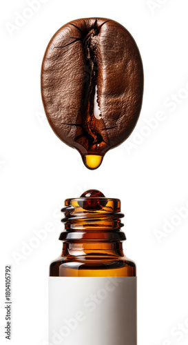 Single roasted coffee bean with dripping coffee oil into an amber glass dropper bottle. Concept for coffee essential oil, anti-aging serum, or gourmet extract mockups.