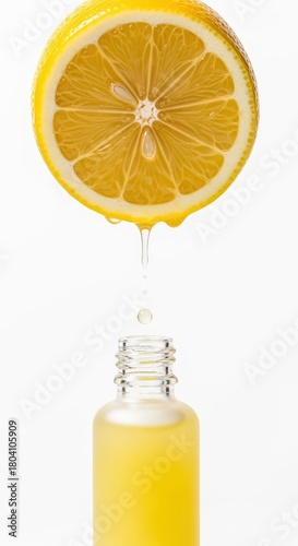Half lemon with dripping juice into a clear glass dropper bottle on white background. Minimalist concept for natural citrus essential oil, vitamin C serum, or organic cosmetic product mockups.