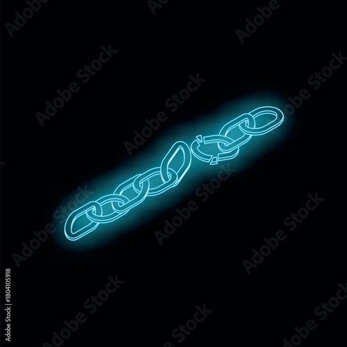 Glowing neon chain breaking on a dark background, symbolizing weakness, disruption, and a critical breaking point