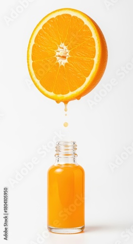 Half orange with dripping juice into an amber glass dropper bottle on an orange gradient background. Concept for natural citrus essential oil, vitamin C serum, or organic cosmetic product mockups.