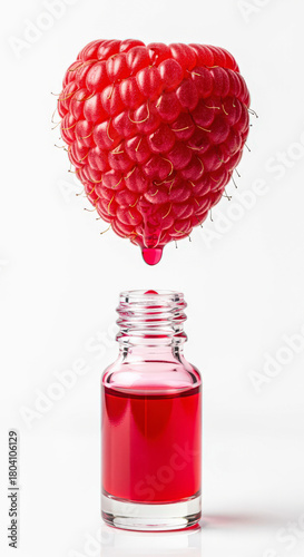  Fresh red raspberry with dripping juice into a clear glass dropper bottle on white background. Minimalist concept for natural raspberry extract or organic cosmetic product mockups.