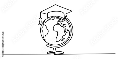 Continuous one line drawing of a globe with a graduation cap. concept of global education, academic success and international studies on white background