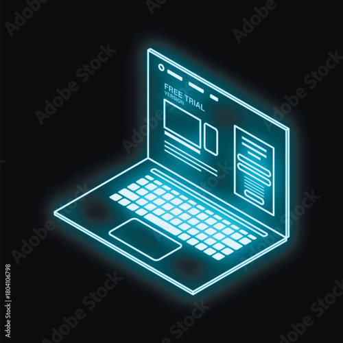 Glowing laptop displaying free trial version on black background, representing online software and digital marketing