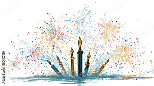 Fountain pen drawing fireworks isolated on