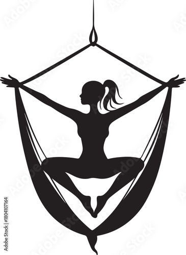 Aerial yoga pose, black silhouette of a woman suspended in a silk hammock
