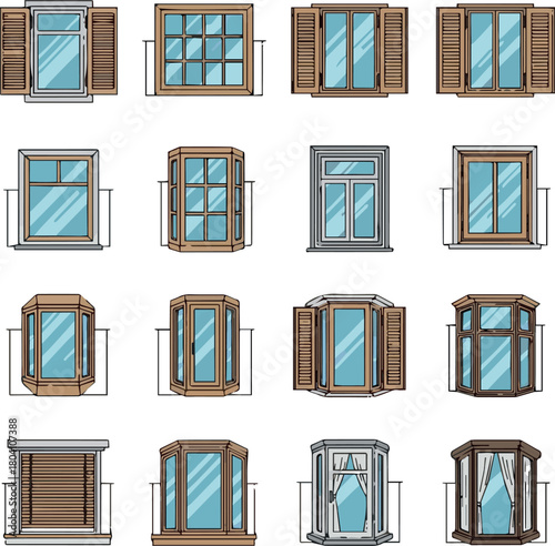 Create kinds of Different window frame outline icon building house interior design vector pane glass wooden shutter home louver architecture flat on white Background.
