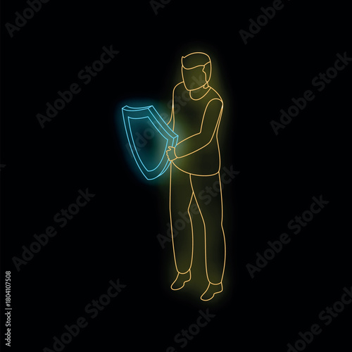 Neon businessman holding shield protecting against threats, isometric business security concept