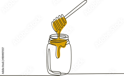 One continuous line art drawing of a honey dipper dripping natural golden sweet honey into an empty glass jar for breakfast. minimalist vector graphic design