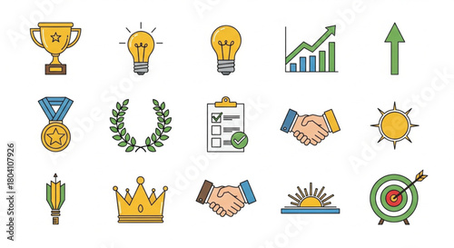 A collection of vibrant vector icons representing business success, achievement, and goal setting. Features symbols like trophies, light bulbs for ideas, ascending charts, handshakes for partnership