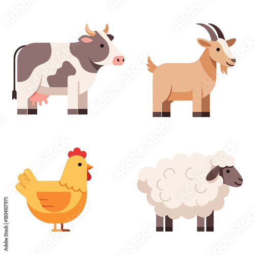 Farm animals including cow, goat, chicken and sheep on