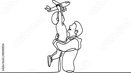 One continuous line art of a dad lifting his joyful child with a toy airplane, illustrating family connection, play, and big dreams and futures.