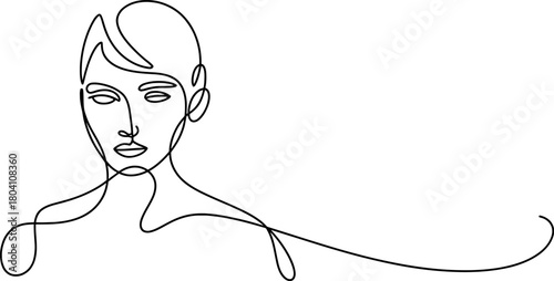 Continuous line drawing of a minimalist woman's face and elegant upper body, embodying modern abstract art and sophistication