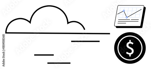Cloud shape connecting to financial graph and dollar coin. Ideal for technology, finance, innovation, data analysis, cloud services, economic growth, and business planning. Simple flat metaphor