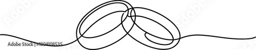 Continuous line art drawing of two elegant wedding rings intertwined, symbolizing eternal love, commitment, and perfect union.