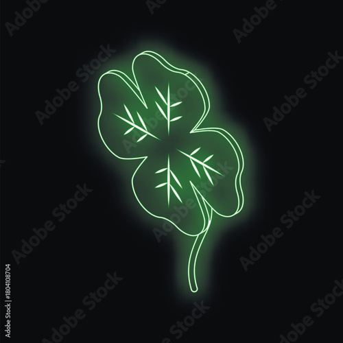 Neon green four leaf clover glowing on black background, representing luck and good fortune