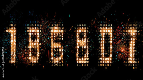 Binary code number with firework background for digital technology concept