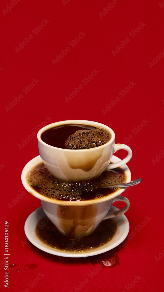 Obraz premium Overflowing stacked coffee cups on bold red background. Concept of coffee advertising, cafe branding, menu design, packaging and art-poster visuals.