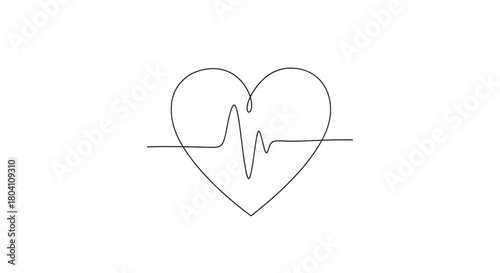 This is a continuous line drawing of a heart shape that incorporates a cardiac rhythm or ECG (Electrocardiogram) wave tracing across its center. The illustration is minimalist, simple, and elegant.