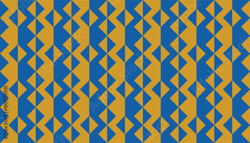 An abstract geometric pattern with blue and gold tones, showcasing vertically aligned triangle and diamond motifs. This design offers a dynamic and modern look suitable for various creative projects