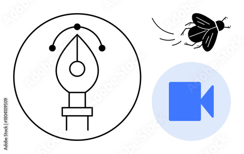 Pen tool in circular frame symbolizing graphic design, video camera icon for multimedia, flying insect representing creativity or spontaneity. Ideal for design, creativity, multimedia, art