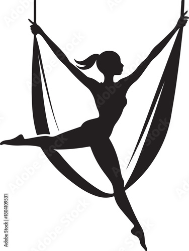 Aerial yoga pose, black silhouette of a woman suspended in a silk hammock