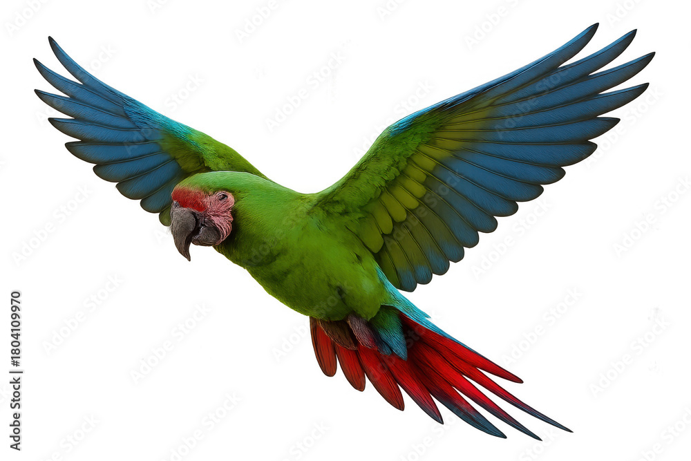 Fototapeta premium Green tropical macaw parrot flying with blue wings and red tail spread, isolated on transparent background