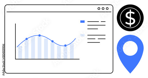 Analytical chart in browser window with rising trend line, dollar sign, location pin. Ideal for finance, market research, business growth, location analytics, statistics, planning simple flat