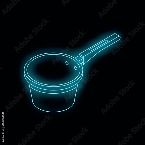 Light blue neon saucepan with lid and handle glowing on black background, kitchen utensil concept