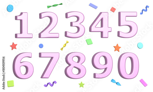 Set of cute cartoon numbers from zero to nine. Suitable for greeting cards, banners, flyers, postcards, birthday party designs, etc. Collection of numbers isolated on white background. 3d rendering
