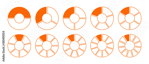 Wheel round orange divided diagrams with two, three, four, five, six, seven, eight, nine, ten, eleven segments. Circle division on 2, 3, 4, 5, 6, 7, 8, 9, 10, 11 equal parts. Coaching orange blank. In