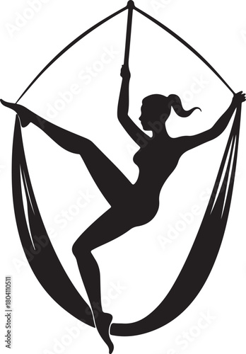 Aerial yoga pose, black silhouette of a woman suspended in a silk hammock