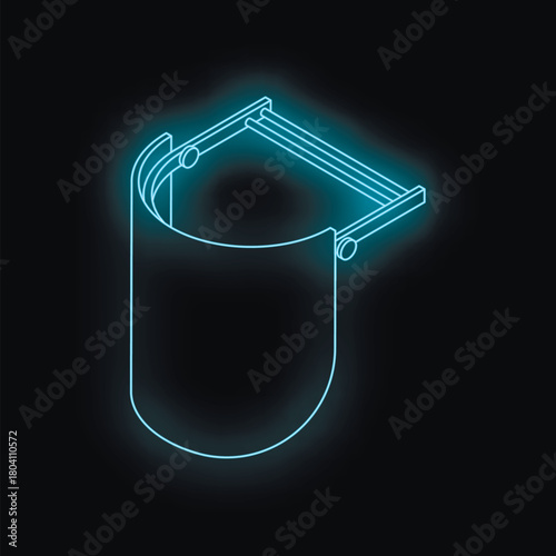 Protective face shield glowing in neon blue light, providing safety and protection against contagious diseases and viruses
