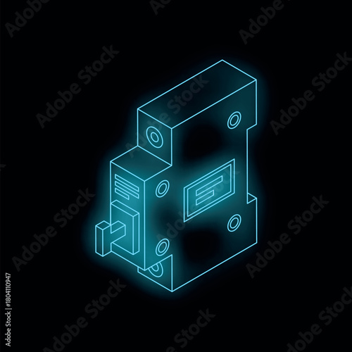 Neon glowing blue circuit breaker on black background representing electrical safety and power distribution