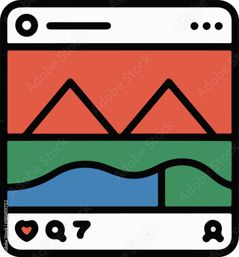 Stylized illustration of a social media post with landscape art and engagement icons