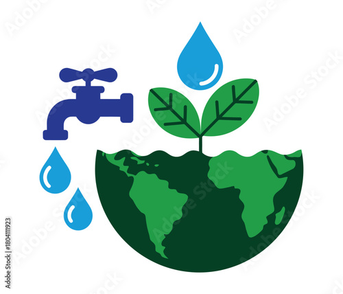Illustration of a water tap connected to half of the earth with a plant growing out of it, symbolizing water conservation and sustainable agriculture