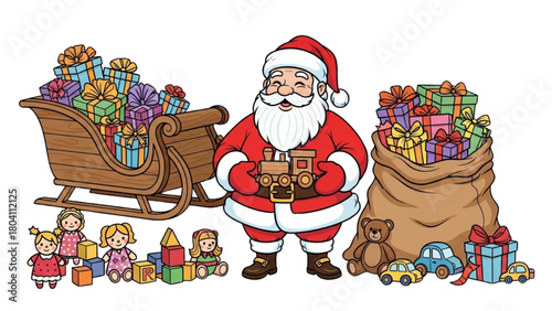 High-quality black outline colorful art of Santa Claus in workshop with toys, sleigh, and gift bag, festive Christmas illustration