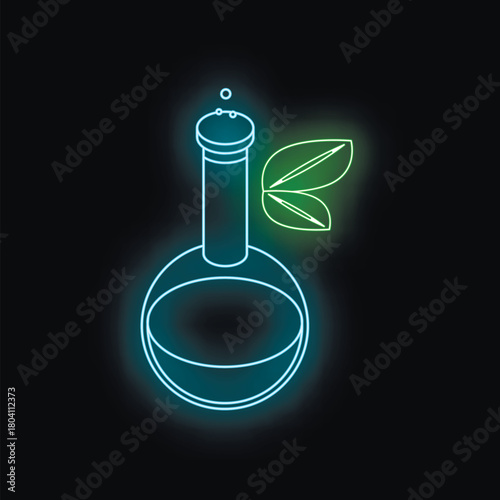 Neon sign of beaker with liquid and green leaf glowing on black background representing natural medicine, organic cosmetics or aromatherapy