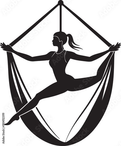 Aerial yoga pose, black silhouette of a woman suspended in a silk hammock