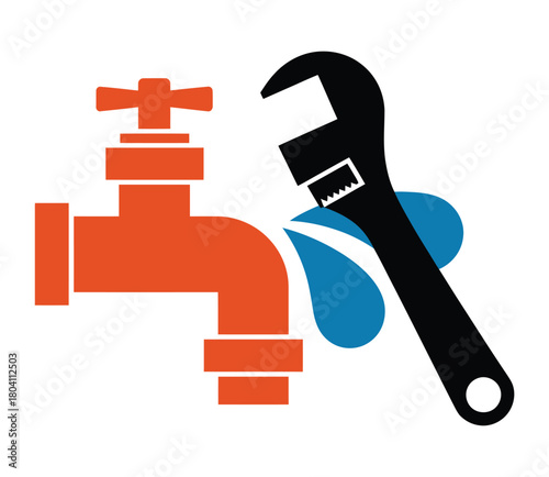 Plumbing service concept faucet, tap, water drop, adjustable wrench tool repair, maintenance, installation, sanitation vector illustration in flat style